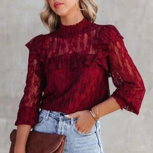 VICI Lace Mock Neck Blouse Burgundy NWOT